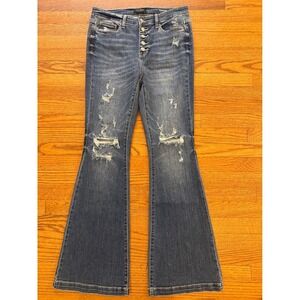 Judy Blue Trouser Flare Distressed Button Fly Jeans Medium Wash JB82430DK 11/30
